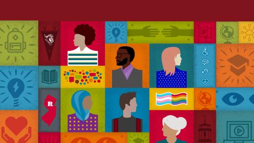 An illustrated colorful patchwork of Rutgers values and multicultural people