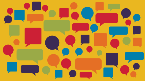 A cloud of speech bubbles of different shapes in blue, green, red, orange, and purple.