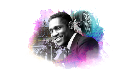 A watercolor illustration of Paul Robeson and scenes from his life at Rutgers, theatre and protesting.