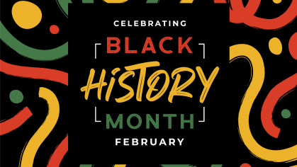 CELEBRATING BLACK HISTORY MONTH FEBRUARY. Red, yellow, and green brush strokes.