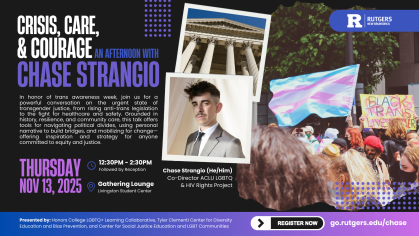 Black, blue and purple promotional flyer featuring a headshot of Chase Strangio and image of people at a protest with the queer flag.