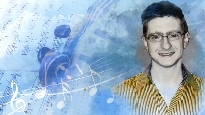 Watercolor picture of Tyler Clemeti a violin and sheet music