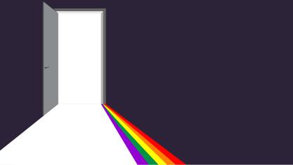 Illustration of an open door with a rainbow strip coming through the door