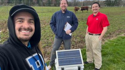 Fault finders: James Bourke (right), a seismologist and postdoctoral associate in the Department of Earth and Planetary Sciences at the School of Arts and Sciences, is leading an effort to gather the best measurements yet of the Ramapo Fault Zone. Roberto Masis Arce (left), a doctoral student in the Department of Earth and Planetary Sciences, and Frederik Link (center), a postdoctoral associate from Yale University, assist in the installation of a seismometer at Backer Farm in Mendham, N.J.