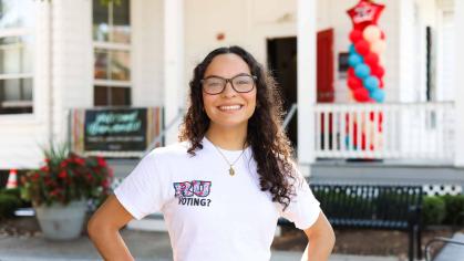 Alejandra Afanador, an RU Voting Ambassador, stands outside the Center for Latino Arts and Culture during a voter registration event on Sept. 22. Luca Mostello/Rutgers University