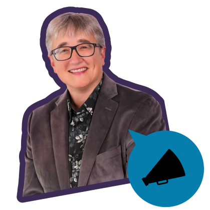 Cathy Renna has short hair, glasses and wears a grey courduory jacket. There is a blue speech bubble with an icon of a megaphone in the corner.