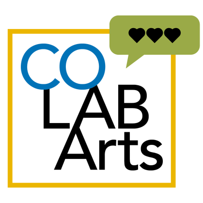 square coLAB arts logo with yellow outline. A green speech bubble with three heart icons is in the top corner