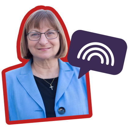 Headshot of Jane Clementi a woman with short hair wearing glasses and a blue jacket. There is a purple speech bubble with an icon of a rainbow next to her.