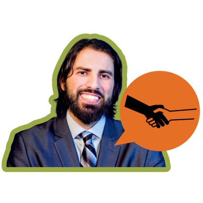 Kaiser Aslam wears a blue suit and striped tie. An orange speech bubble with an icon of a handshake is in the corner.