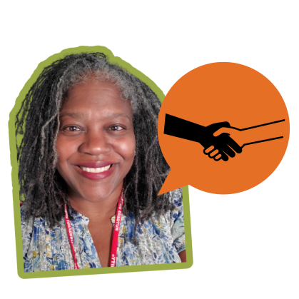 Katrina Jenkins has shoulder-length hair and wears a blue patterend top. There is an orange speech bubble with an icon of a handshake in the corner.