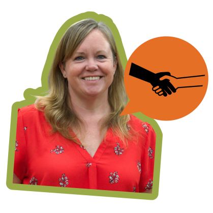 Kerri has long hair and wears a red shirt. There is an orange speech bubble with an icon of a handshake in the corner.