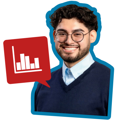 Manuel Sosa-Garcia wears glasses, a blue sweater and collared shirt and tie. A red speech bubble features a icon of a bar graph.