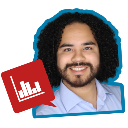 Paolo wears a blue collared shirt. A red speech bubble with an icon of a bar graph.