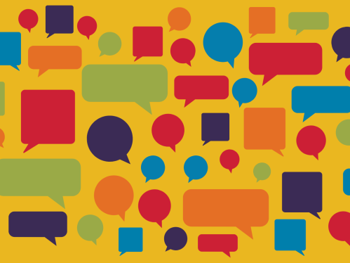 A cloud of speech bubbles of different shapes in blue, green, red, orange, and purple.