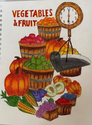 picture of vegetables and food colored in crayon